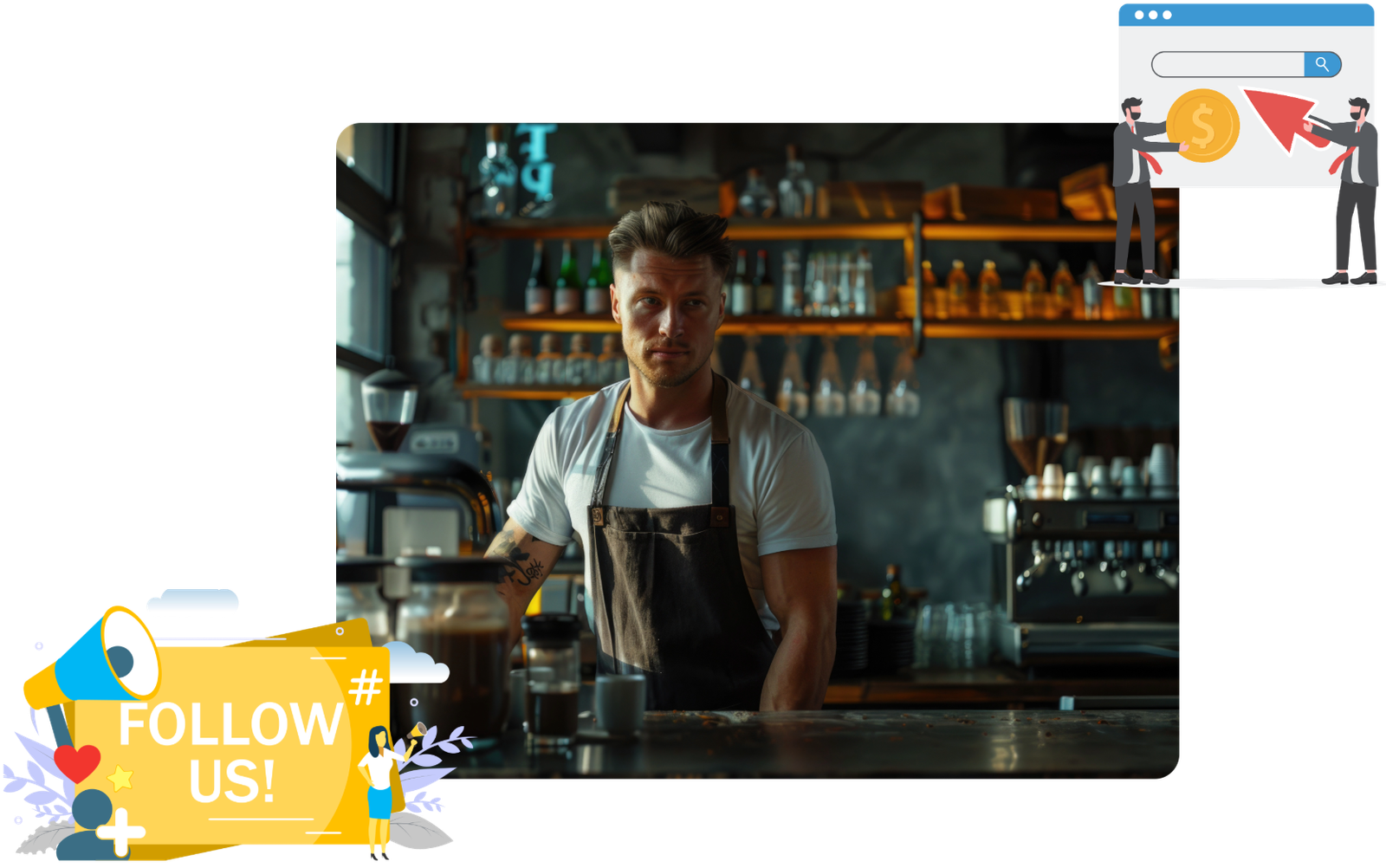 Content Marketing 5 Barista standing behind a coffee shop counter with shelves of coffee cups and bottles in the background. A 'Follow Us!' graphic with social media icons and an online marketing illustration promoting digital engagement.