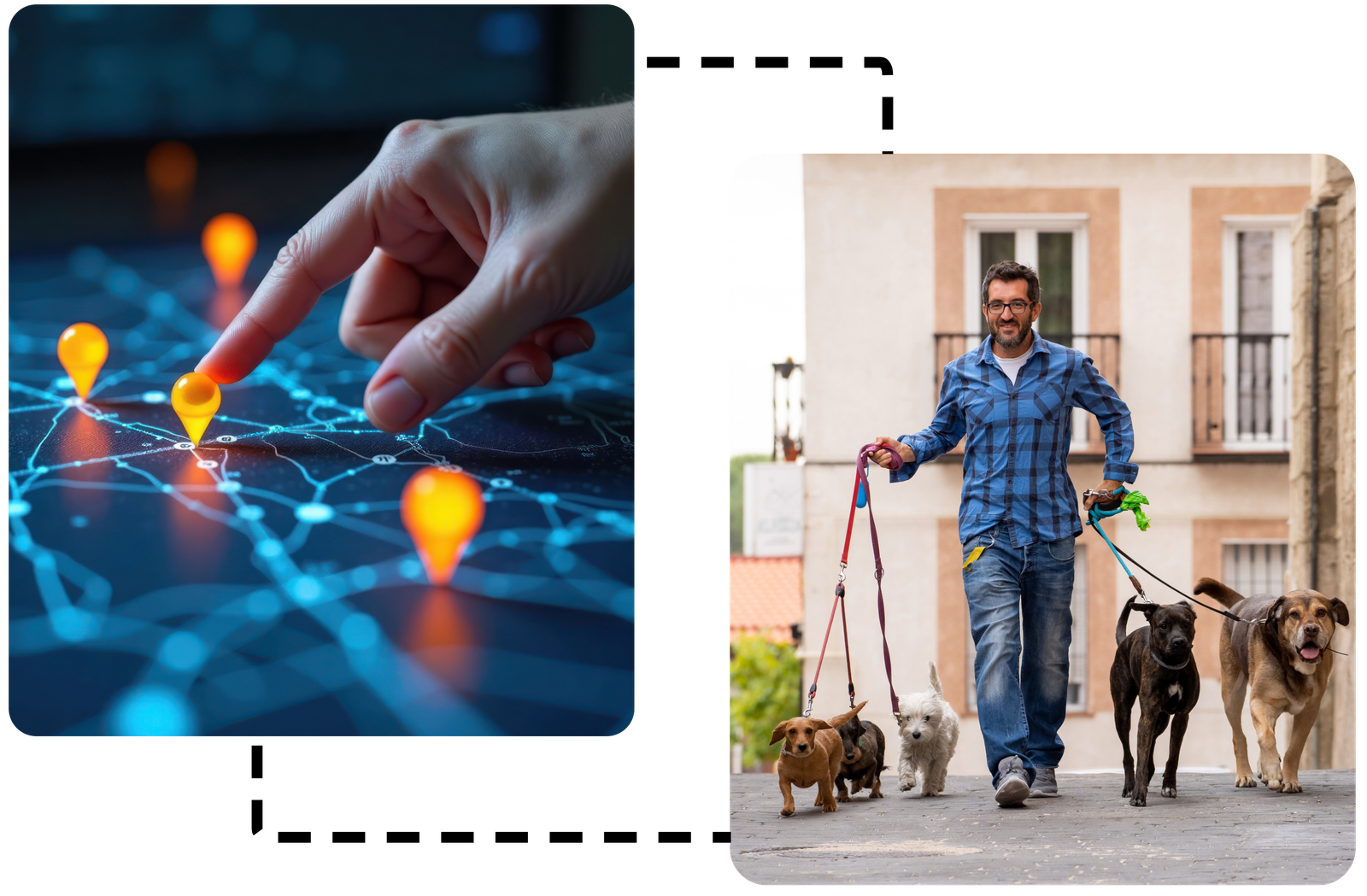 Link Building 4 Split image featuring a close-up of a hand touching a glowing location pin on a digital map, symbolizing navigation or geolocation, and a man in a blue plaid shirt walking multiple dogs on a leash in an urban setting.